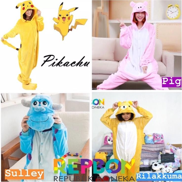 CR - KOSTUM ONESIE DINOSAURUS DINO SAPI TOTORO HARIMAU PIKACHU JERAPAH STITCH SULLEY SINGA KELELAWAR