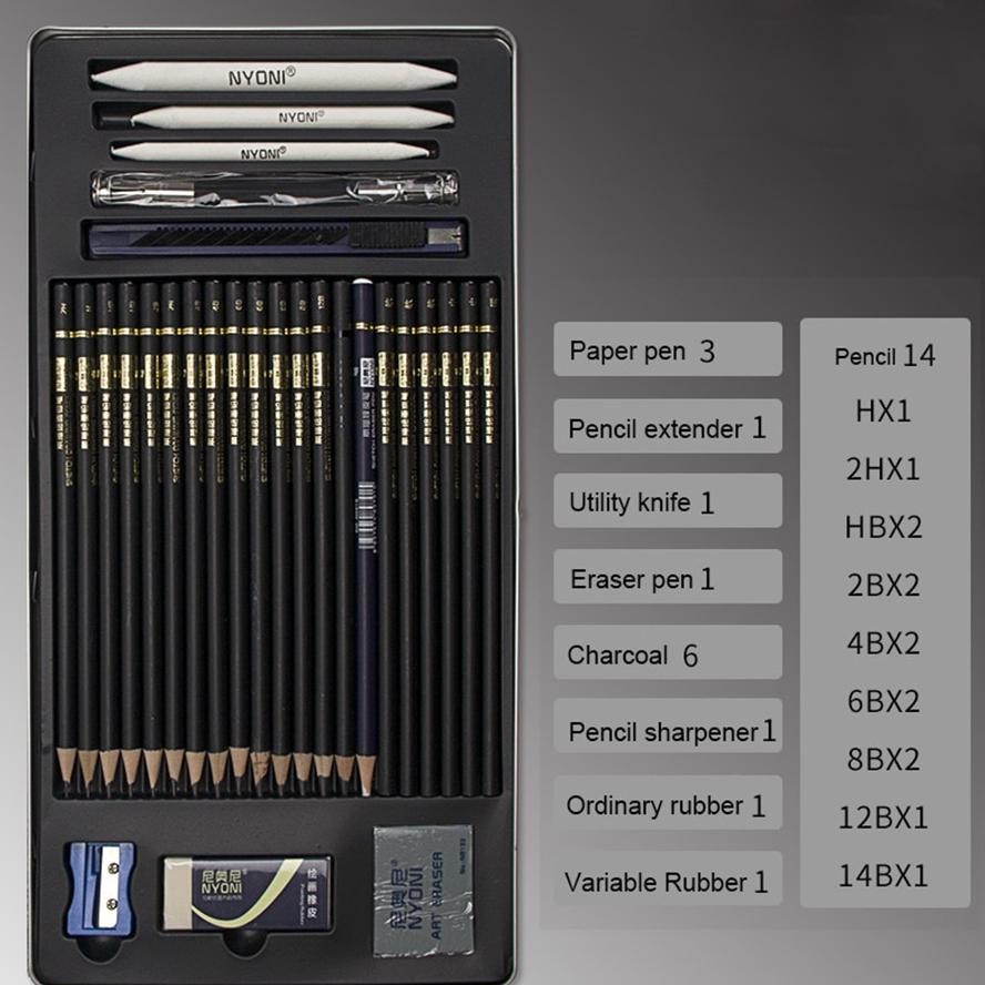 

Cod Nyoni Sketch Drawing Pencil / Pensil Grafit Charcoal Arang 29 Pcs Set Tin Case Oy58