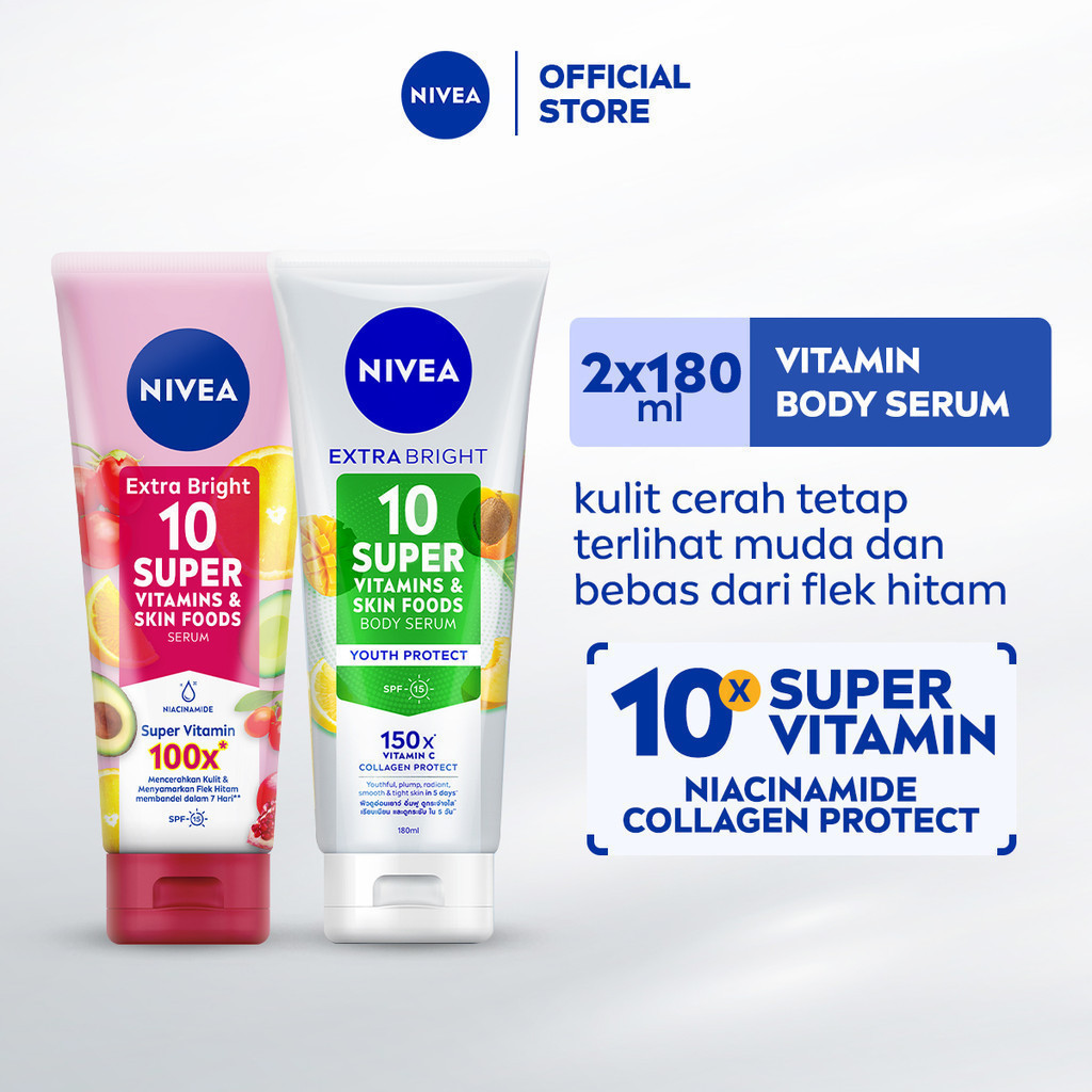 NIVEA Body Serum Extra Bright 10 Super Vitamins & Skin Foods Niacinamide + Collagen 180ml x2 - Mence