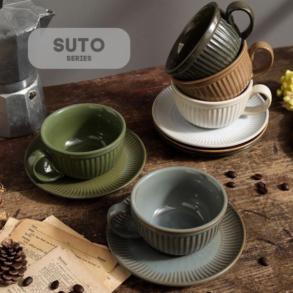 [HOF] SUTO Cangkir Keramik dengan Piring | Gelas Kecil Mug Kopi Teh Cafe Kramik Unik Aesthetic aSt