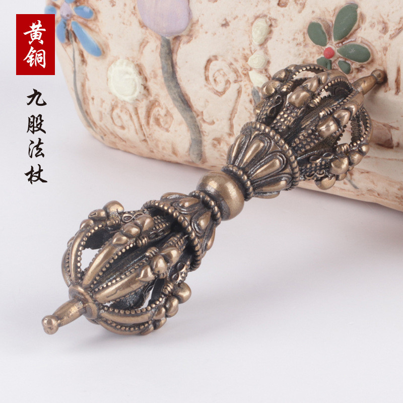 Alat Penghancur Setan Vajra Sembilan Cabang dari Tembaga Murni Bergaya Antik Tongkat Pegangan Portab