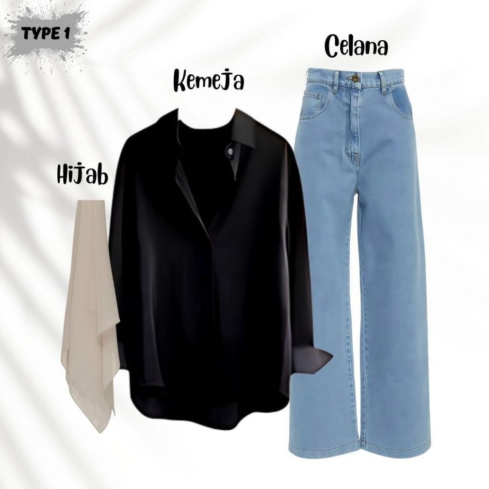 Racun Shopee One Set 3In1 Kemeja Wolfis Hitam Celana Kulot Jeans Biru Hightwaist Hijab Bella Square 
