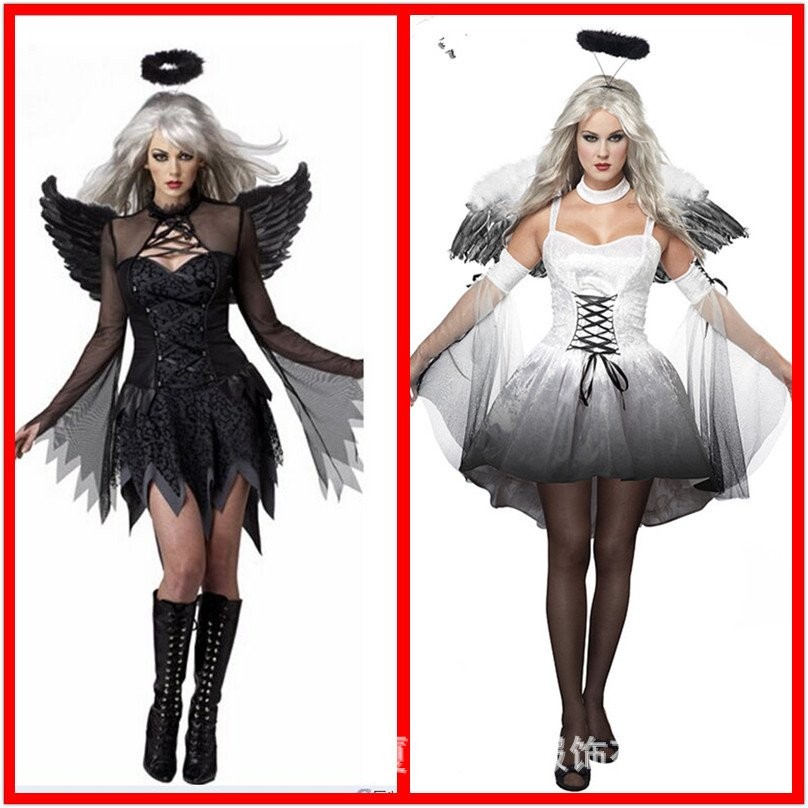 Halloween Adult Black and White Angel Costume Vampire Demon Party Outfit Masquerade Women Plus Size 