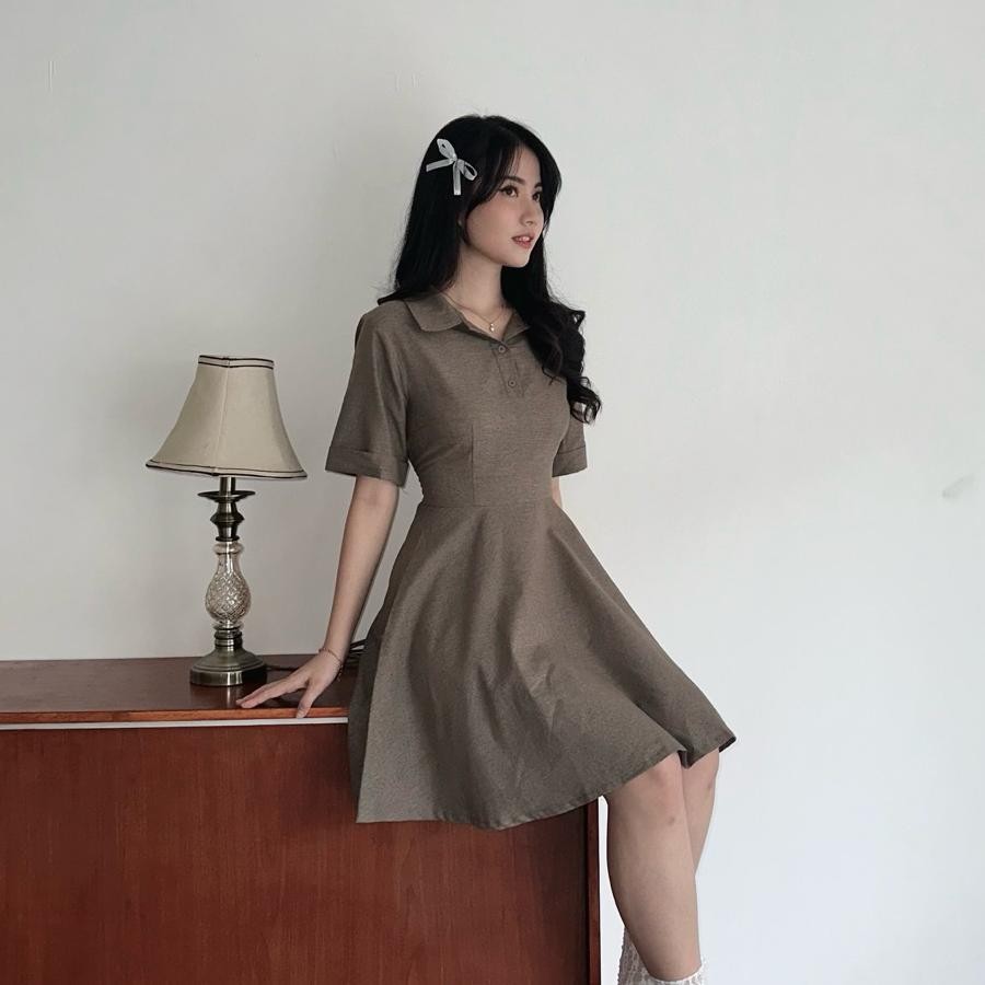 Lilo Rora Dress Dress Simple Polos Amini Midi Korea Kerah Rapi Dress Polo Kerah Cokelat Hitam Dress 