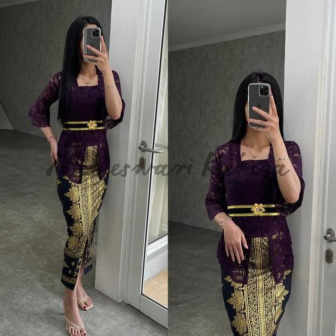 Kebaya Bali Set Brukat Lonceng Ungu Juwet
