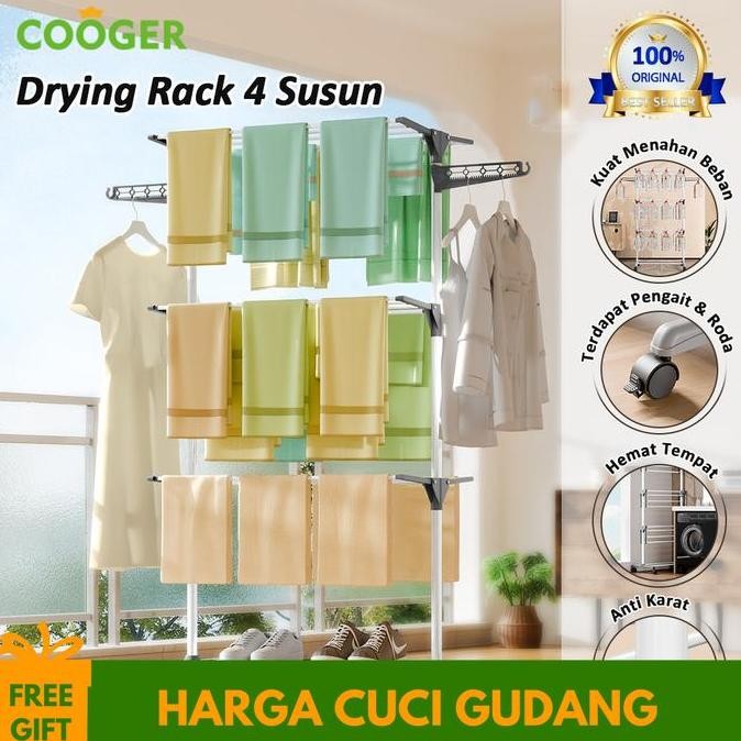 COOGER Rak Jemuran Baju Stainless Steel Rak Jemuran Handuk 4 Susun