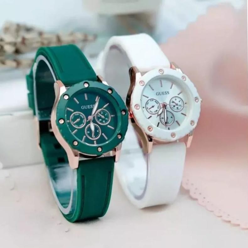 (Grosir Cod)Jam Tangan wanita Fashion Gues Crono3 Varisi Strap Rubber/Karet(Dikirim Jakarta)