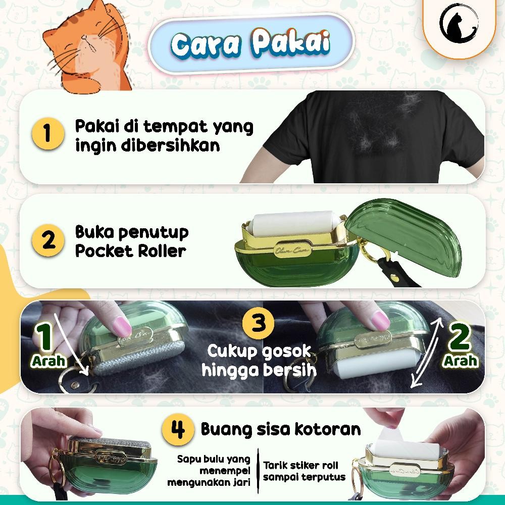 Olive Care Pembersih Bulu Kucing/Anjing Pocket Roller Portable 2In1 Travel Mini Size Dua Sisi Stiker