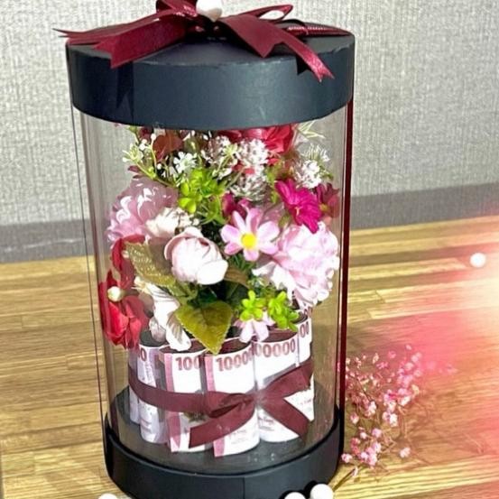 Buket Bunga Uang Mika Transparan Money Flower Box Anniversary Graduation Gift