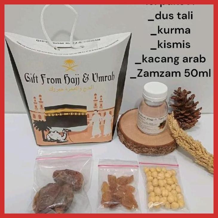 

READY PAKET OLEH-OLEH HAJI DAN UMROH ISI 25 PAKET SOUVENIR GIFT MAKANAN FOOD SNACKS KHAS ARAB KACANG ARAB KISMIS KURMA AIR ZAMZAM 50ML [BUMBU OLAHAN MAKANAN]