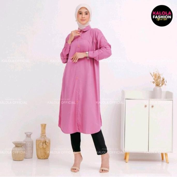 (Good) Kalola Tunik Rayon Twill Kemeja Polos Wanita Kekinian Tunik Polos Kancing Depan Belakang Vari