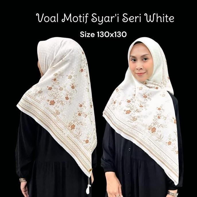 (Good) Segiempat Voal Motif Syari Seri White Premium Logo (FREE POUCH) / Voal Motif Syari Broken Whi