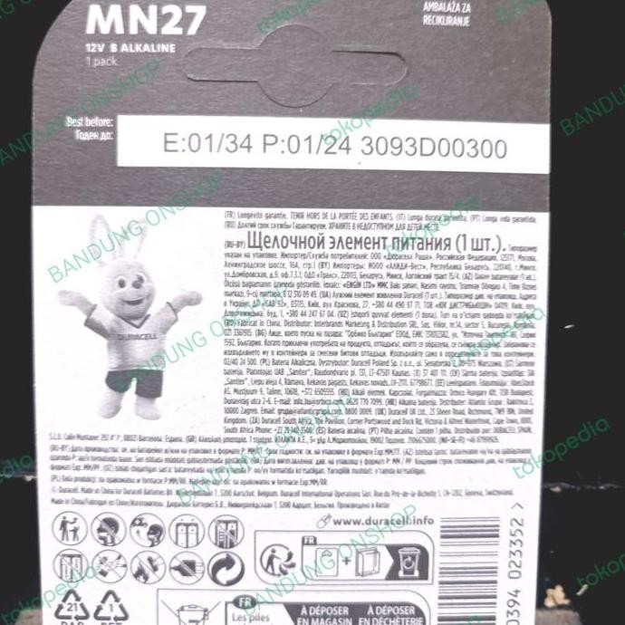 DURACELL A27 27A MN27/27 12V 1PC BATERAI ALKALINE 12V A27 27A DURACELL murah