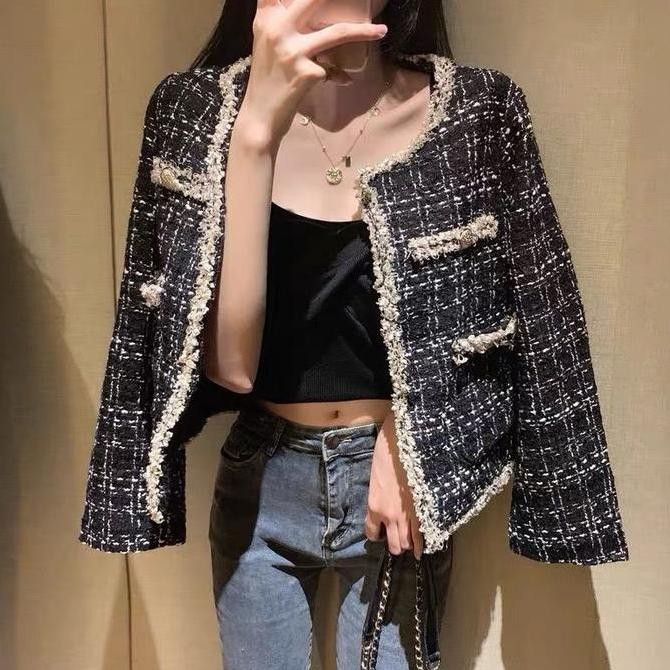 Cardigan Blazer tweed serat lengan panjang motif kotak 22673 RDN