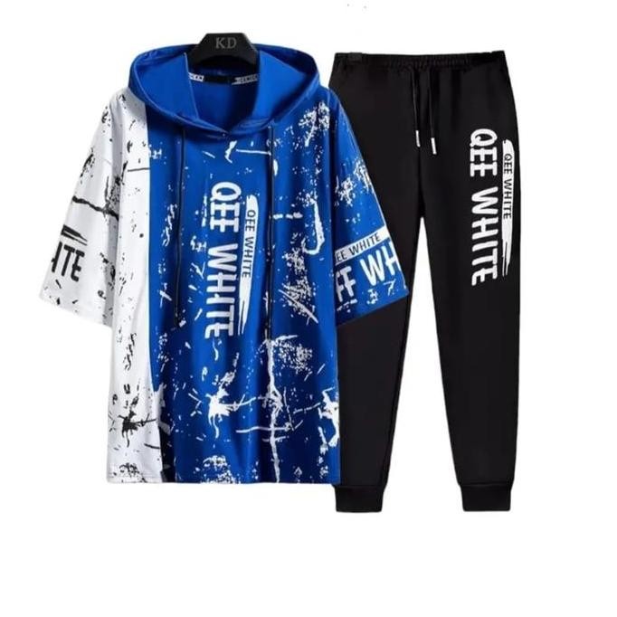 Setelan Kaos Hoodie White Cowok One Set Pria + Celana Joger Pants