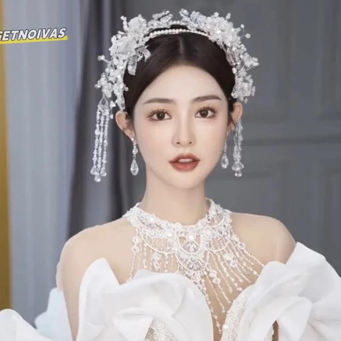 Getnoivas Tiara Pengantin Gaya Korea Rumbai Kristal Peri Buatan Tangan Ikat Kepala Mutiara Gaun Peng