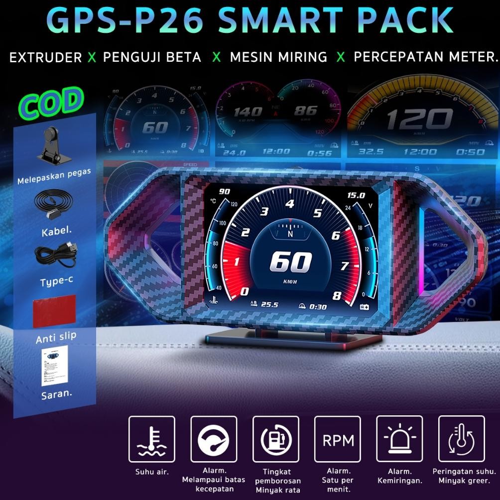 P26 HUD Car Smart Gauge OBD2 Display - Scanner Mobil Tachometer Kilometer Speed Meter Water Temp Sir