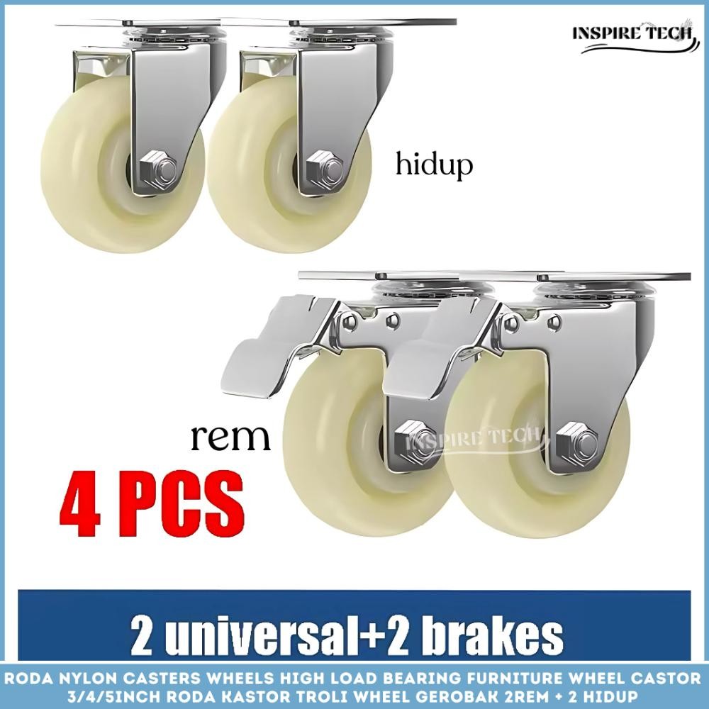 NEW Roda NYLON Caster SET HIDUP - REM 4PCS Medium Duty +Bearing Roda Kastor Troli Wheel Gerobak Trol