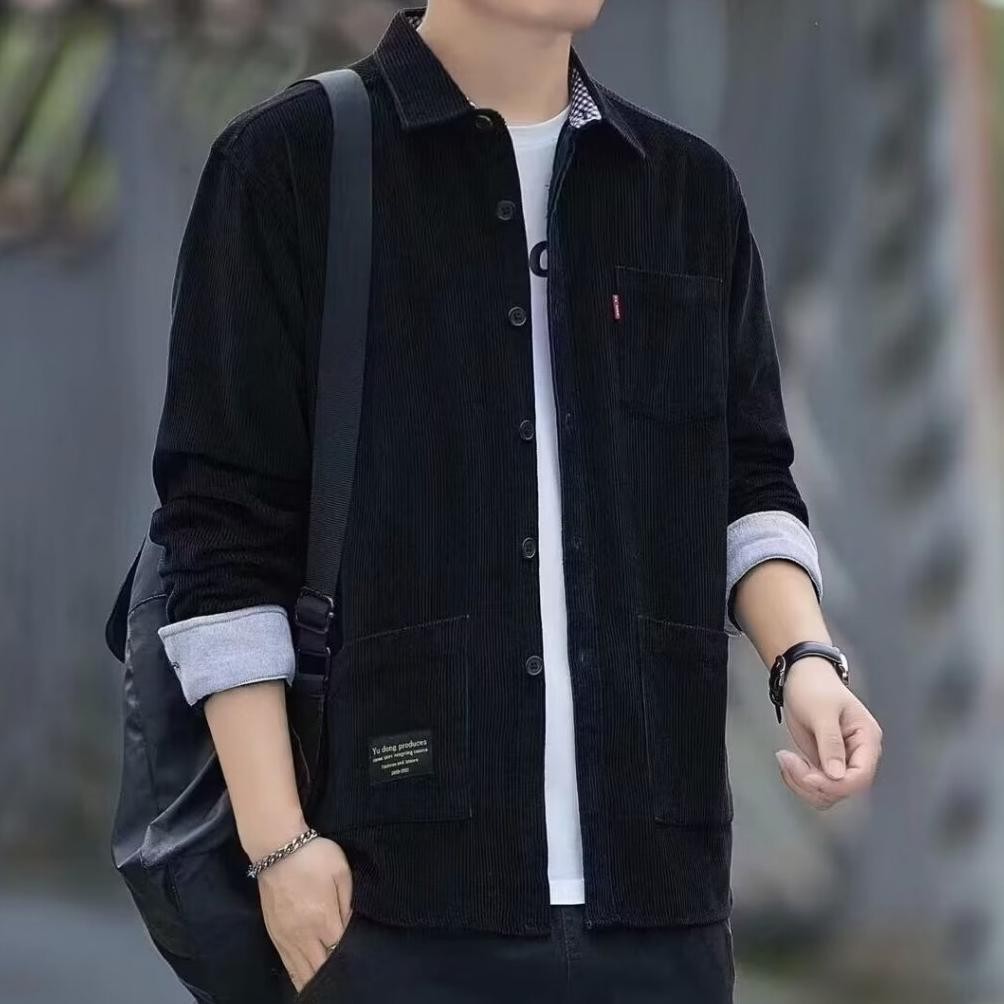 Jaket casual  semi parka corduroy Jacket outer pria keren kemeja  korduroy polos  Hitam