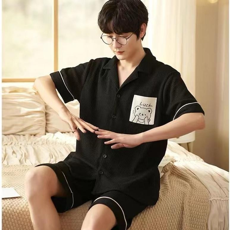 Baju Tidur Piyama Cowok/Pria Lengan Pendek Celana Pendek Bahan Kaos Katun Tebal
