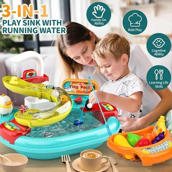 Mainan Memancing Magnetik 2 In1 Mainan Wastafel Pencuci Piring Mainan Edukasi Set Dapur Wastafel Had