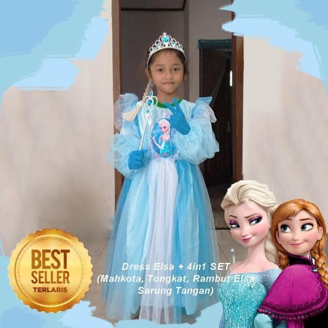Ready  Gaun Baju Dress Frozen Anak 4 5 Tahun + 4in1 Elsa SET Import Terlaris