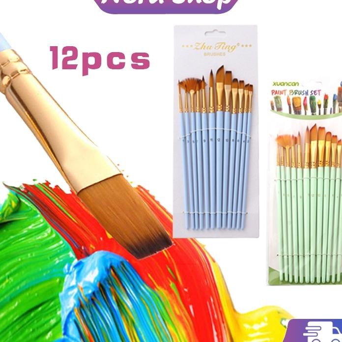 12Pcs Kuas Lukis Set Kuas Cat Minyak Nilon Kuas Melukis Lengkap Perlengkapan Seni