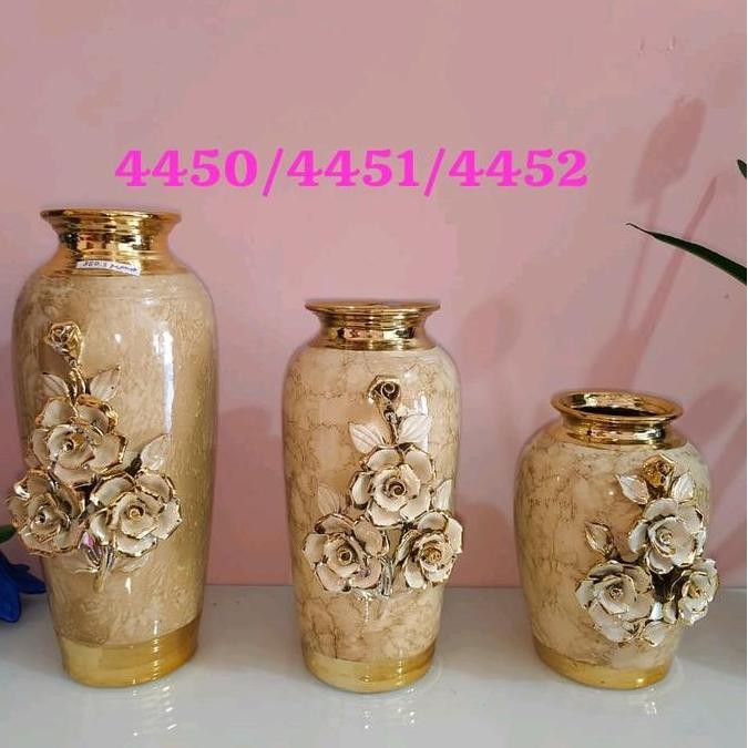 Pajangan Guci Vas Set 3 Pcs/Hiasan  Vas Marmer Bunga Timbul Krem Kualitas Terbaik Harga Termurah