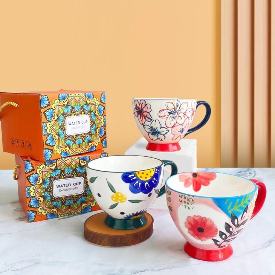 Ideame Cangkir Besar Gelas Keramik Motif Bunga Batik Cangkir Keramik Mug Cangkir Peralatan Minum Mug