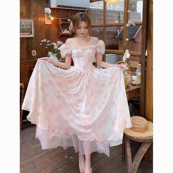 Sweet Girl - Gaun Sifon Prancis Romantis Cinta Pertama Gaun Midi Leher Persegi Feminim