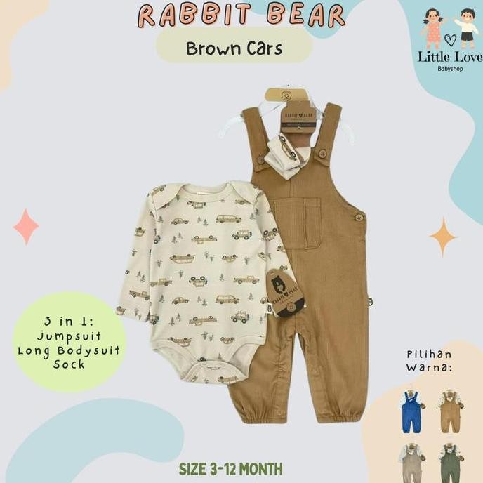 Rabbit+Bear Set Jumper Bodysuit 3in1 / Baju Set Kodok Bayi Anak Laki laki / Kado Lahiran Anak Laki L