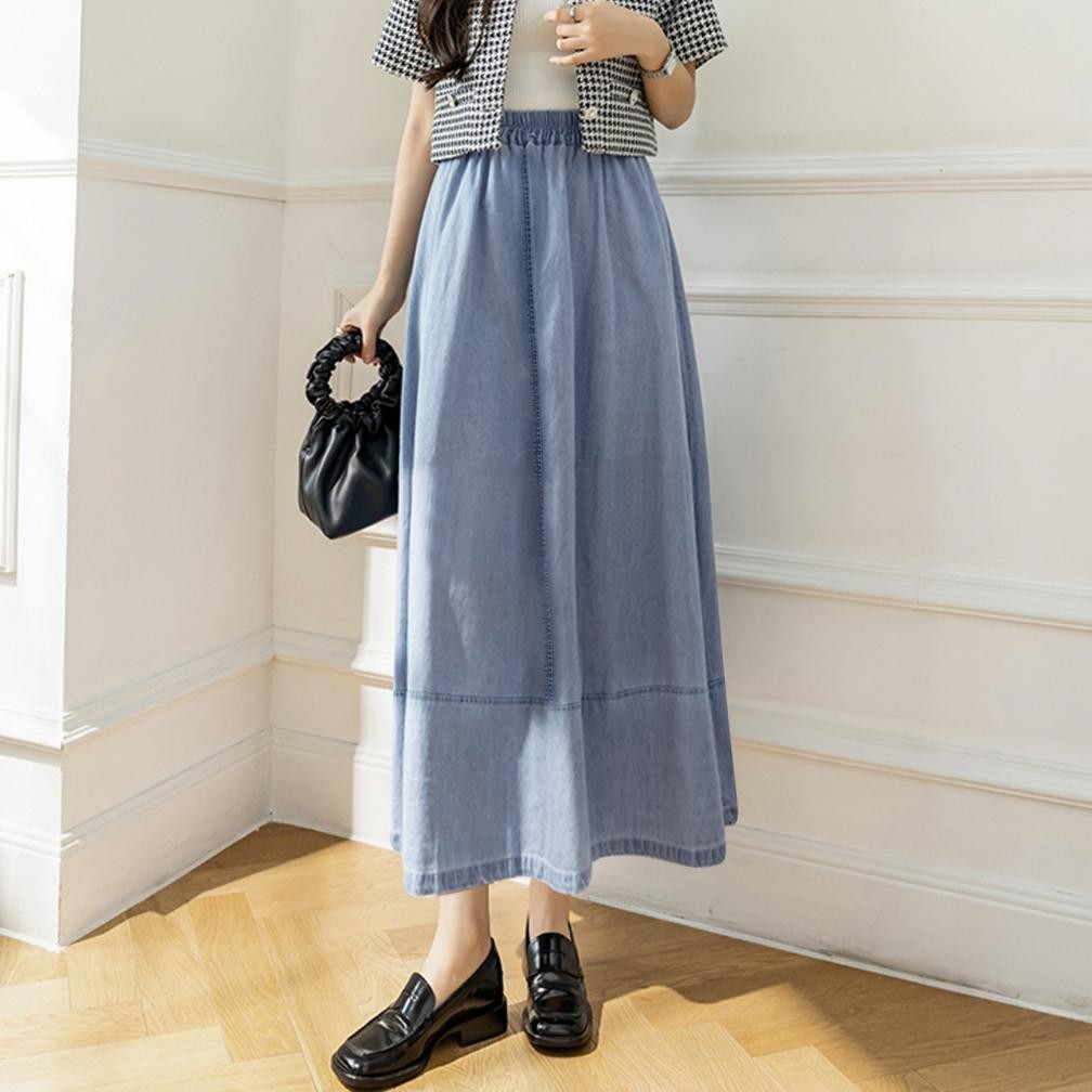 Hot - Denim Skirt Rok Wanita Summer Retro Loose Splicing Mid-Length Elastic waist Casual Umbrella Sk
