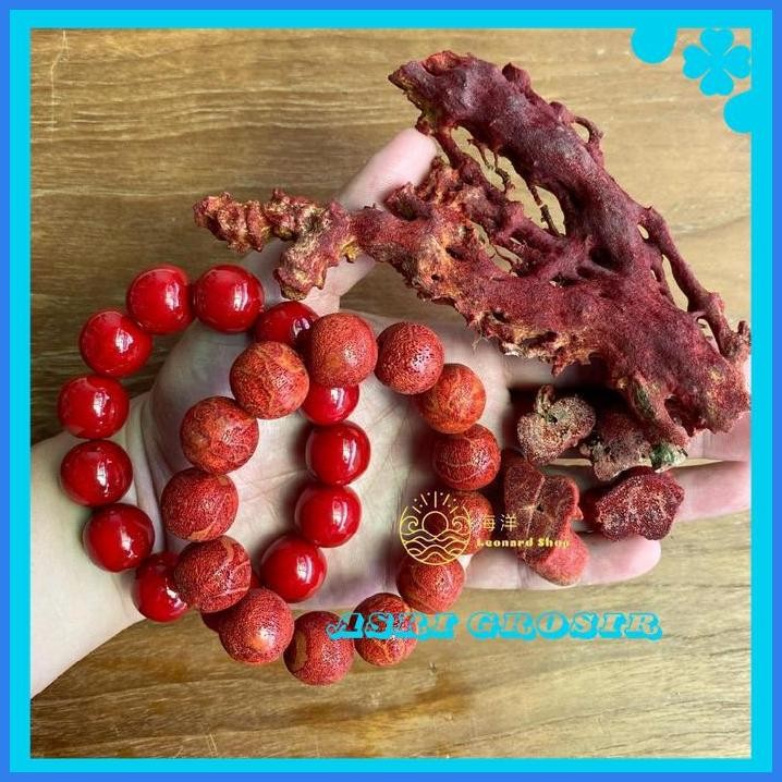GELANG RED CORAL GRADE A BERSERAT PREMIUM BATU KARANG MERAH KORAL MARJAN MERAH DELIMA AKSESORIS PRIA