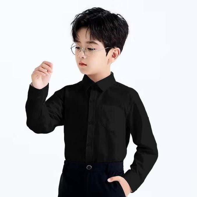 Kemeja Hitam Katun Polos Anak Laki Laki Lengan Panjang
