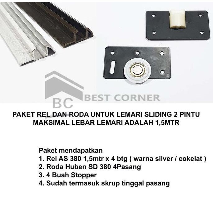 Paket Set Rel dan Roda untuk lemari geser 2 daun pintu