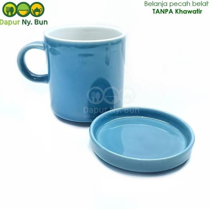 Mug Tutup Coaster Warna Polos 240Ml Stackable Keramik