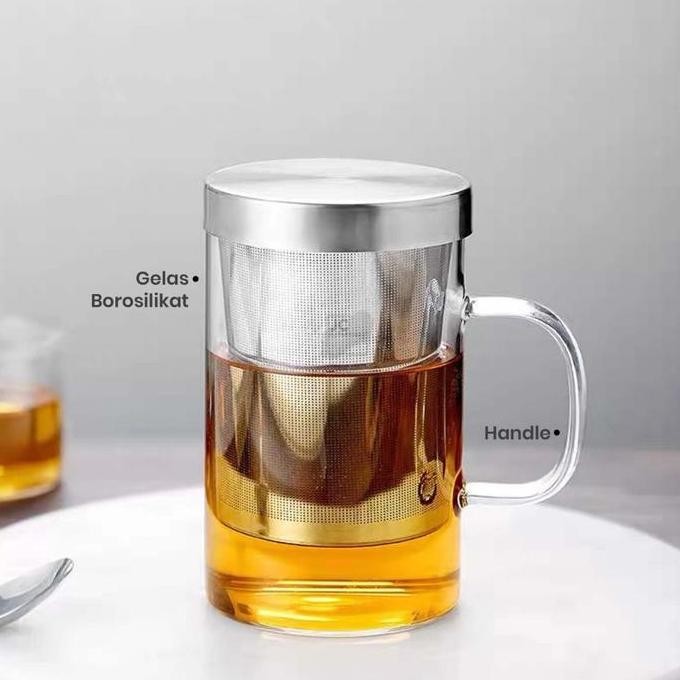 Gelas Cangkir Teh Kaca 400Ml Saringan Dan Tutup Stainless Steel