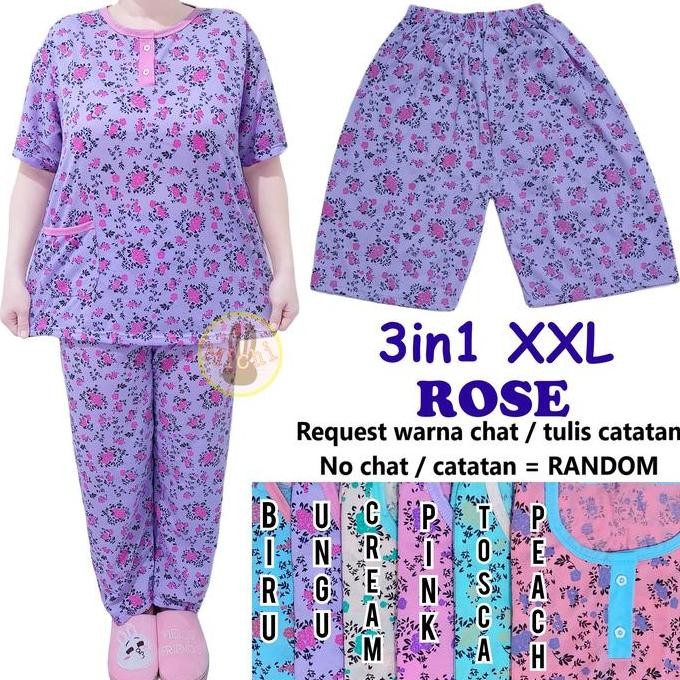 Set Baju Tidur Jumbo 3 In 1 Xxl Wanita Dewasa Kaos Dapat Satu Baju Dua Celana Piyama Setelan Panjang