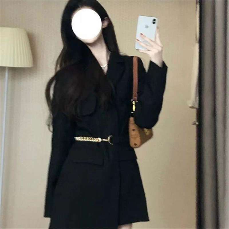 [COD]Gaun hitam kecil lengan panjang pinggang ramping anggun, gaun setelan mewah dan elegan