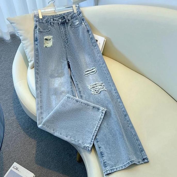 Promo Celana Jeans Panjang Wanita Sobek Baggy Pants Korean Style Dewasa Cewek Casual Robek Pecah Pol