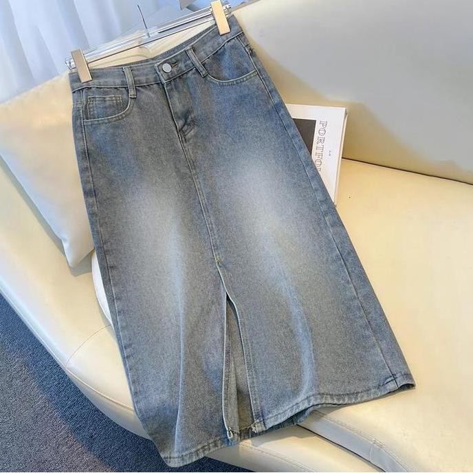 Promo A-Line Rok Denim Midi Skirt Wanita Highwaist Rok Korean Style Belah Samping Long Skirt Jeans P