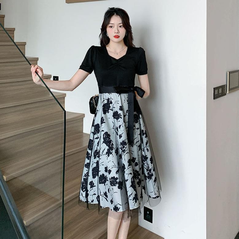 Dress Wanit Jumbo 5XL Jumbo Manis Gaun Lengan Pendek Elegant Long Dress Kekinian Dress Hitam Panjang