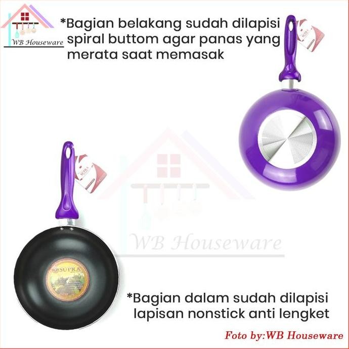Supra Panci Mini Wok 24Cm + Tutup Kaca / Penggorengan Anti Lengket / Wajan Gagang Warna Ungu Dan Mer