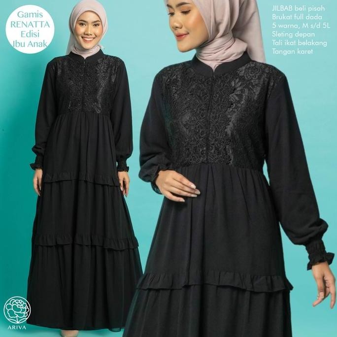 Gamis Renatta Brukat Hitam - Gamis Ruffle Skirt - Gamis Payung Elegan Pesta Gamis Umroh Lebaran Hita