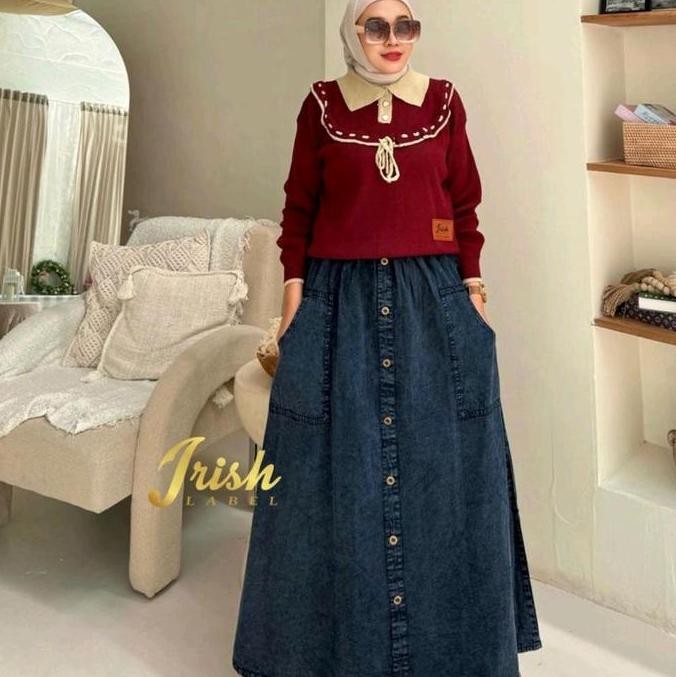 Dewinta Set By Irish Label Set Blouse Rajut Rok Jeans Oneset Stelan Rajut Rok Kancing Snowblack Kant