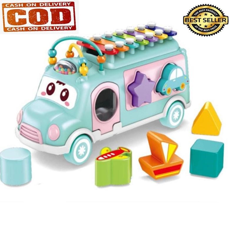Mainan Edukasi Anak Xylophone Bus/Mengenal Bentuk Puzzle/Music Bus Xylophone