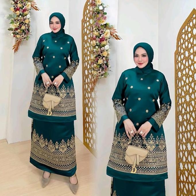Setelan Tunik Kurung Melayu Bordir||Set Kurung Melayu||Set Kurung Bordir Muslim Wanita Baju Katun At