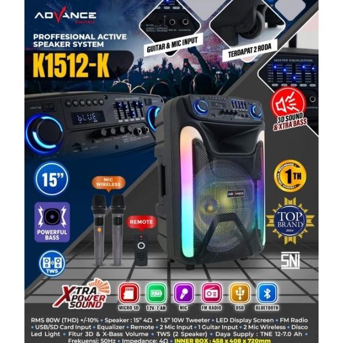 TERBARU - ADVANCE SPEAKER PORTABLE TROLI BLUETOOTH 15 INCH K-1512K