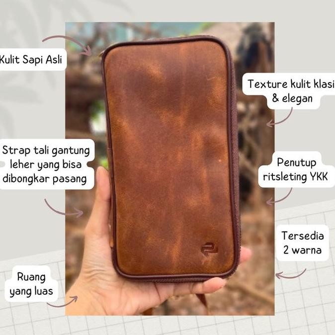 Promo Dompet gantung leher hp hanging wallet kulit asli - Crazyhorse Havana pria COD