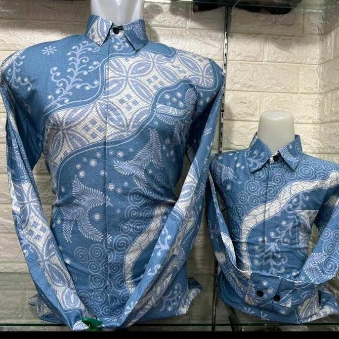 Promo GOKIL Biru Muda Batik Katun Couple Ayah Anak Motif Kawung Modern Elegan Baju Batik Keluarga Pr